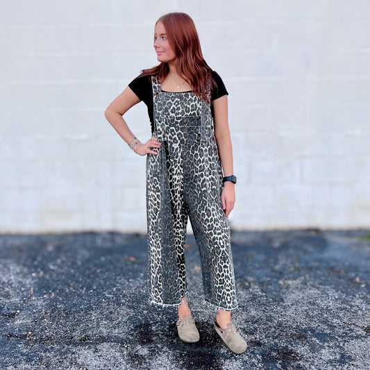 Washed Leopard Print Oversized Overalls