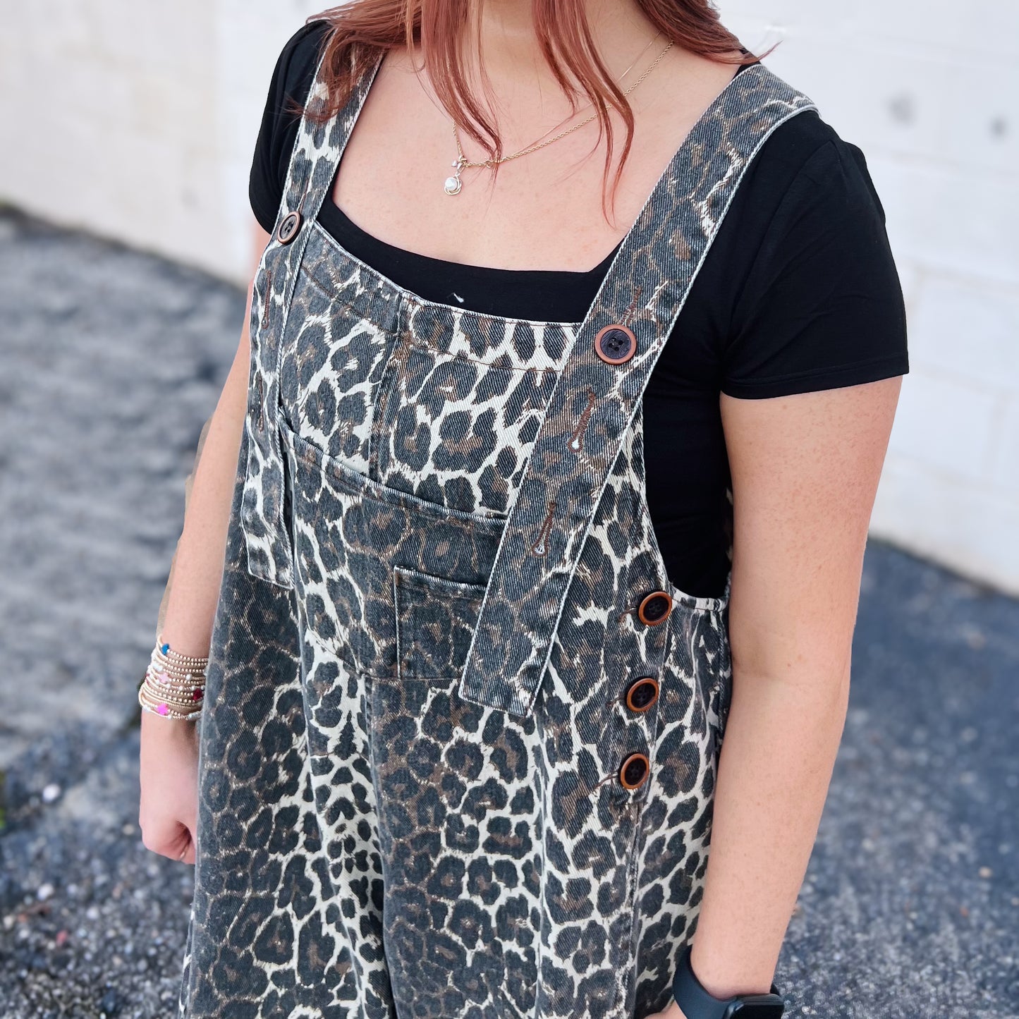 Washed Leopard Print Oversized Overalls