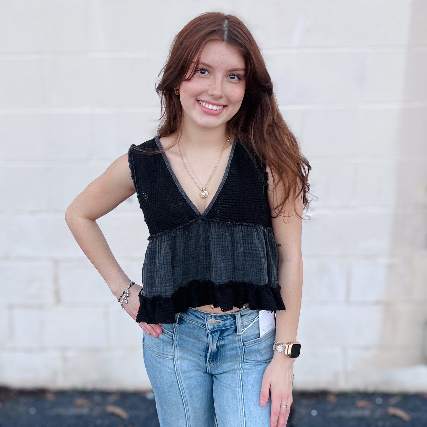 POL Sleeveless Contrast Thermal Cropped Babydoll Top