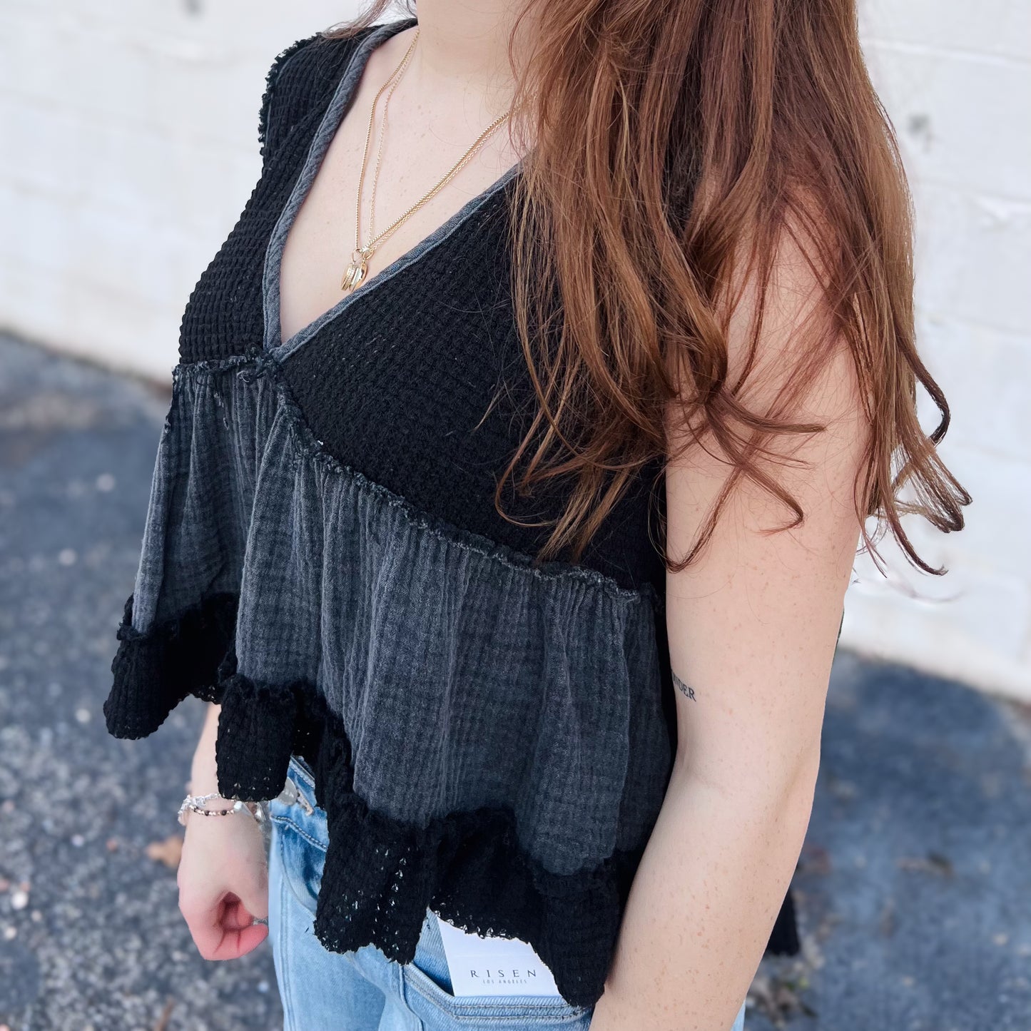 POL Sleeveless Contrast Thermal Cropped Babydoll Top