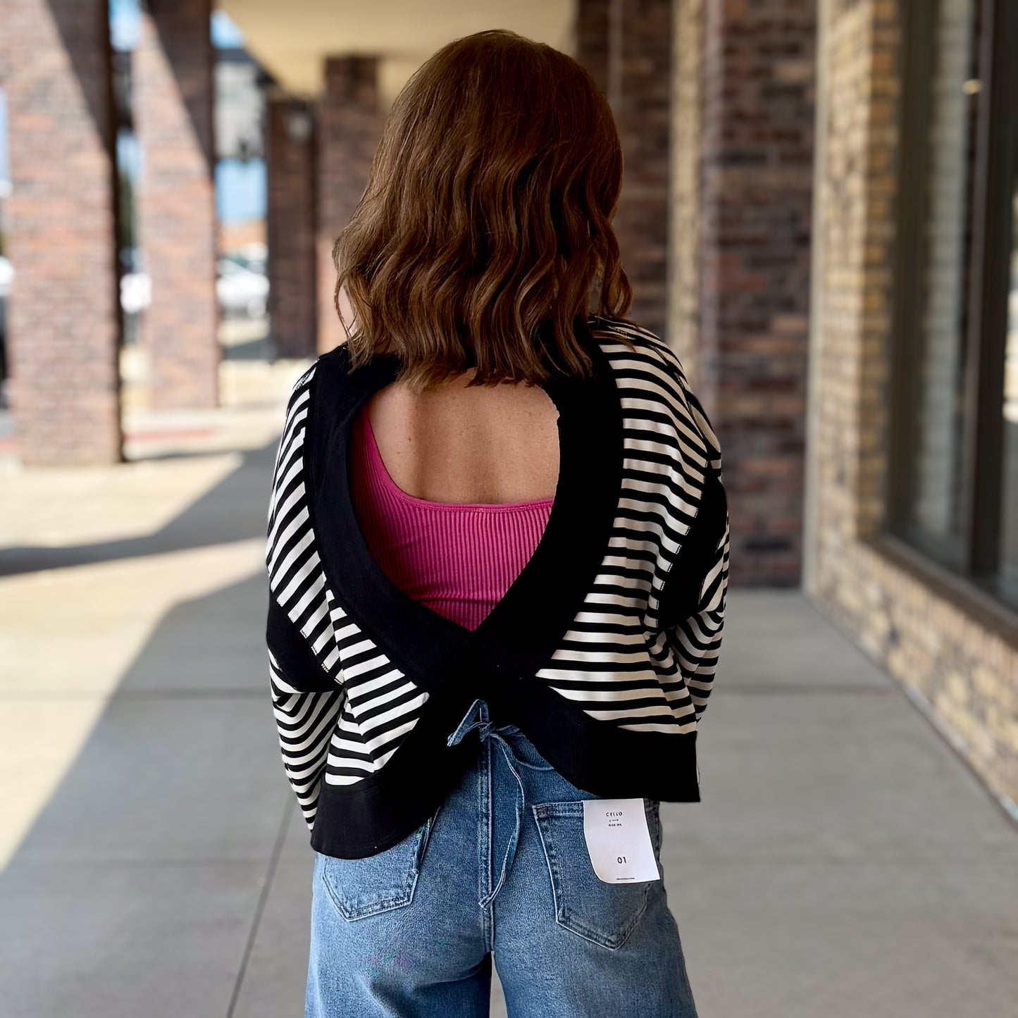 Striped Open Back Long Sleeve Top