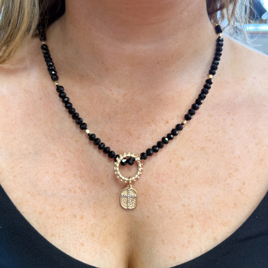 Jet beaded necklace with Gold Cross Pendant