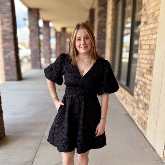 Elegant Black Jacquard Print Dress