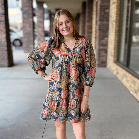 Umgee Abstract Print Puff Sleeve Mini Dress