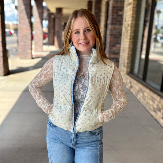 Floral Printed Cropped Puffer Vest: Blue