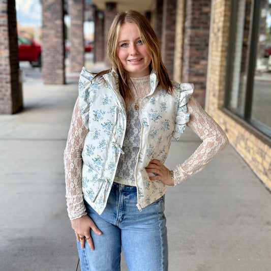 Blue Floral Ruffle Sleeve Puffer Vest