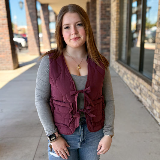 Quilted Vest With Tie-front And Patch Pockets