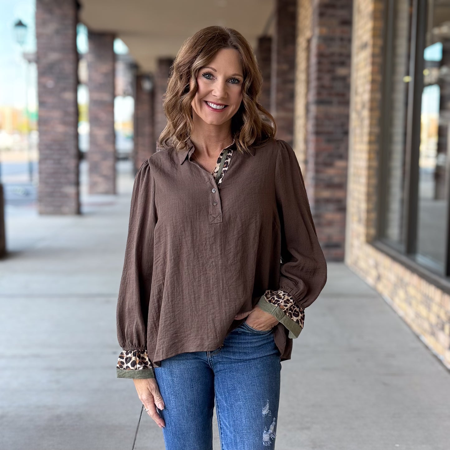 Leopard Accent Long Sleeve Blouse