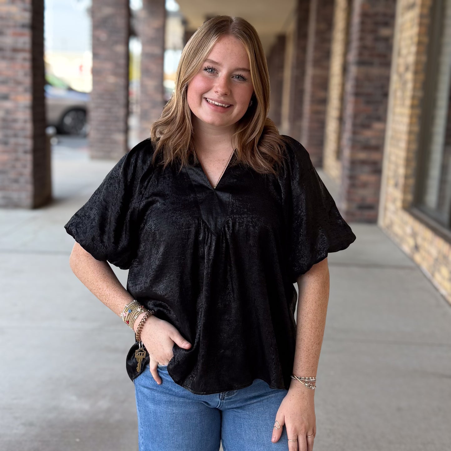 Metallic Puff Sleeve Blouse: 2 Colors