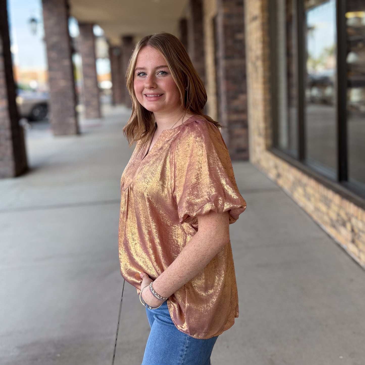 Metallic Puff Sleeve Blouse: 2 Colors