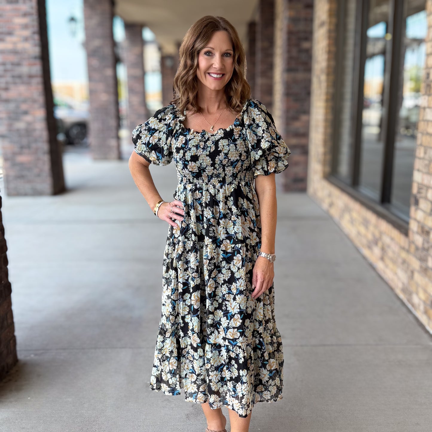 Fall Smocked Floral Midi Dress