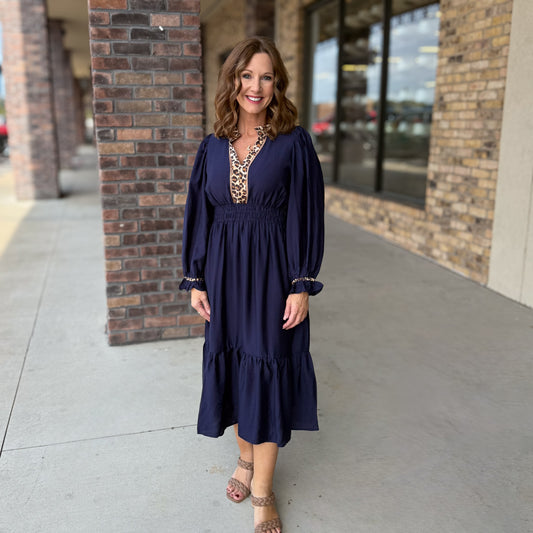 Umgee Leopard Trim Midi Dress