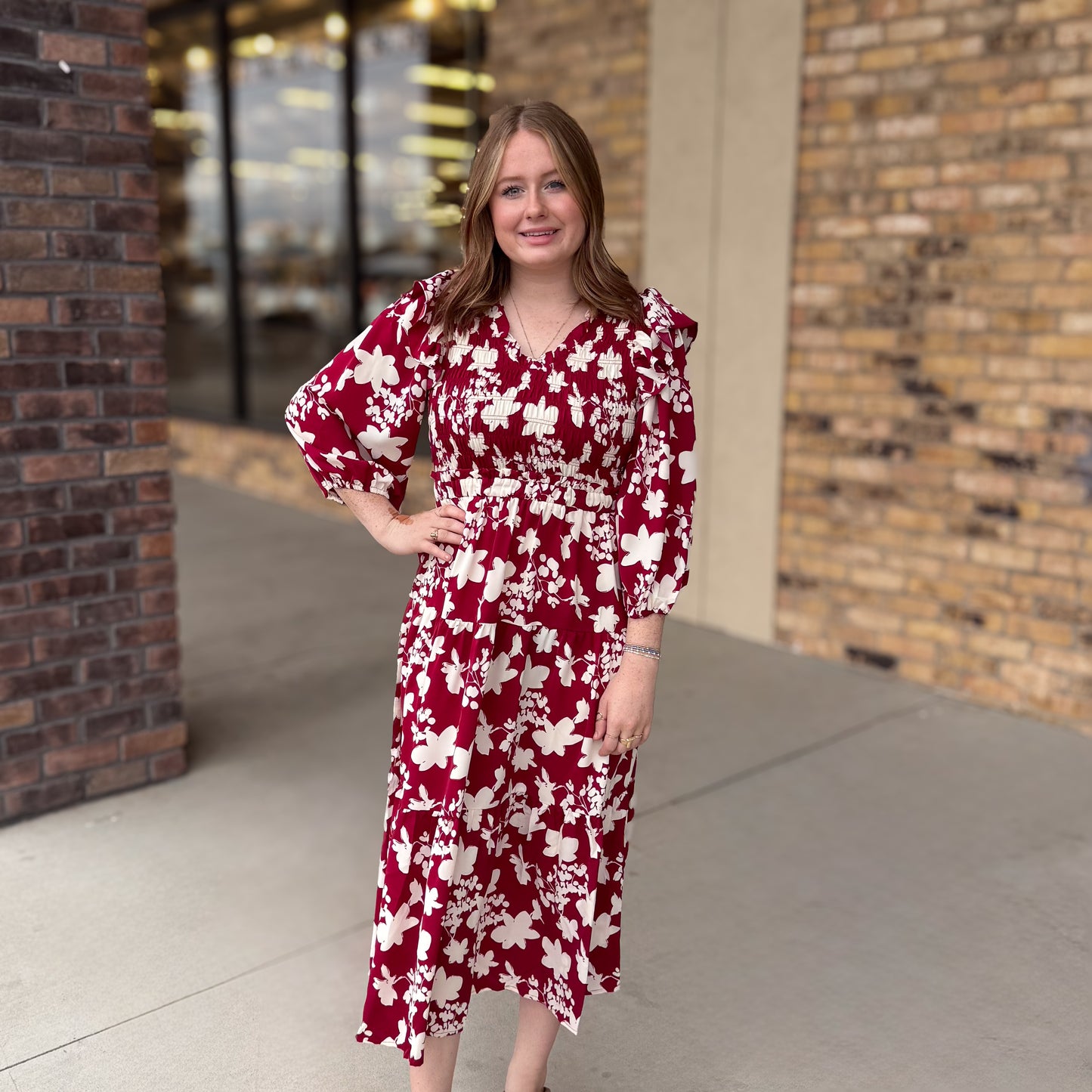 Floral Grace Midi Dress: Red