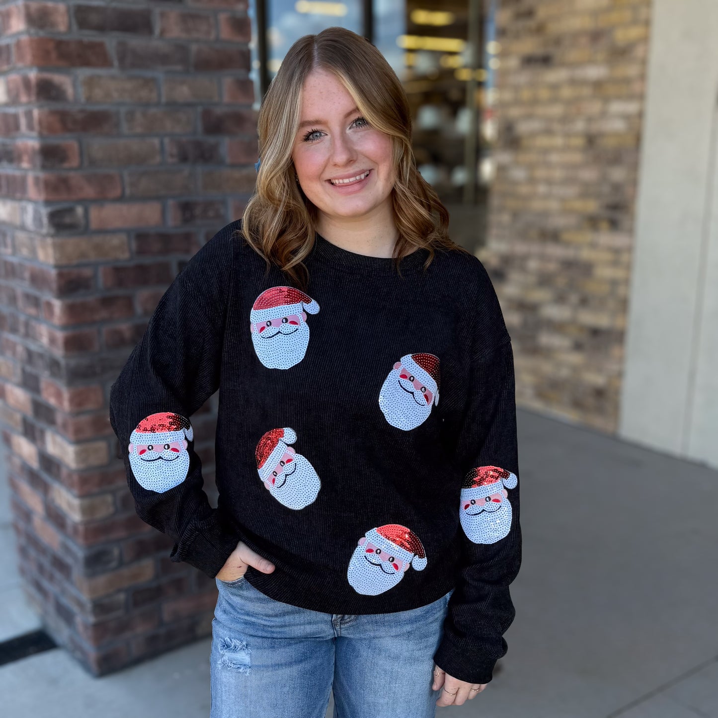 Sequin Santa Black Ribbed Top