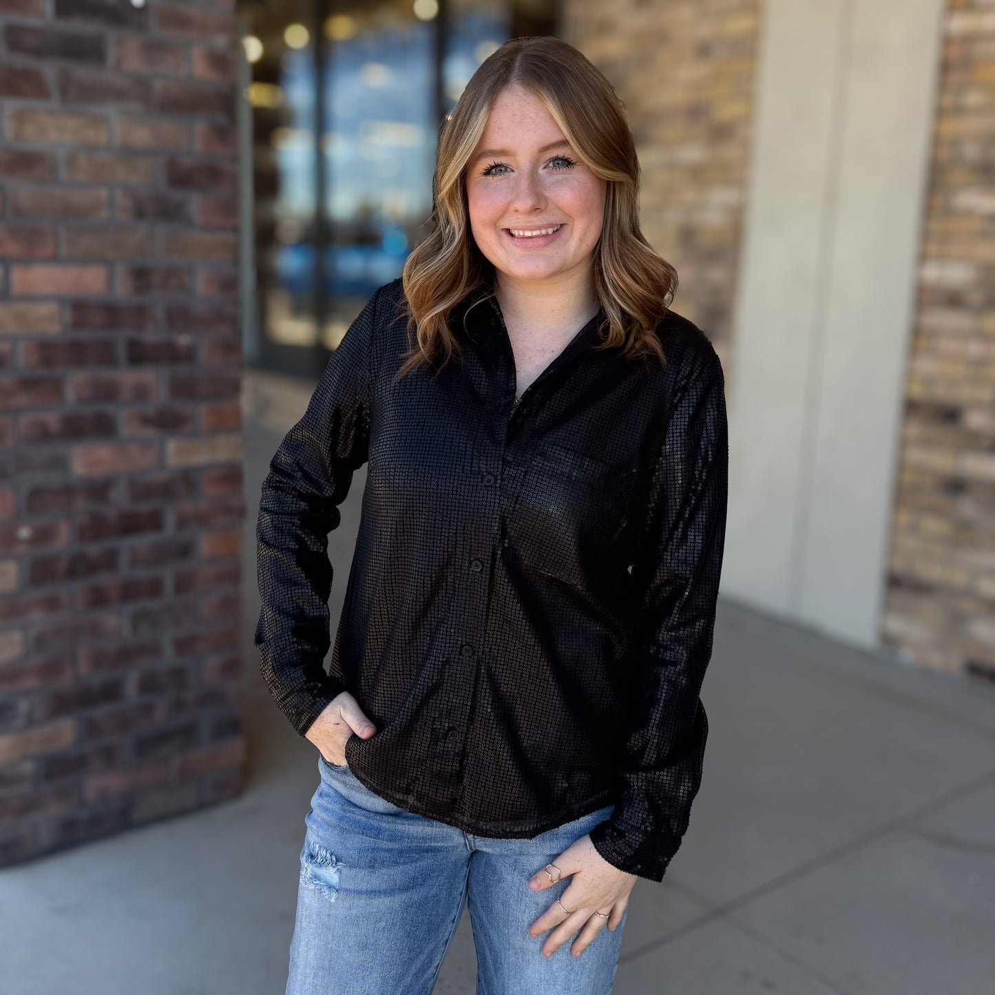 Black Sequin Long Sleeve Top