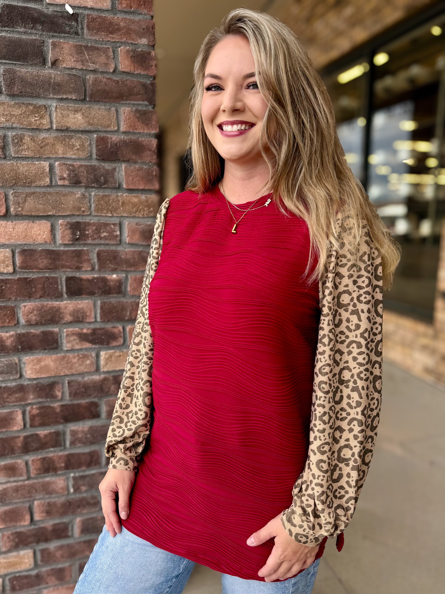 Holiday Leopard Accent Top: Red