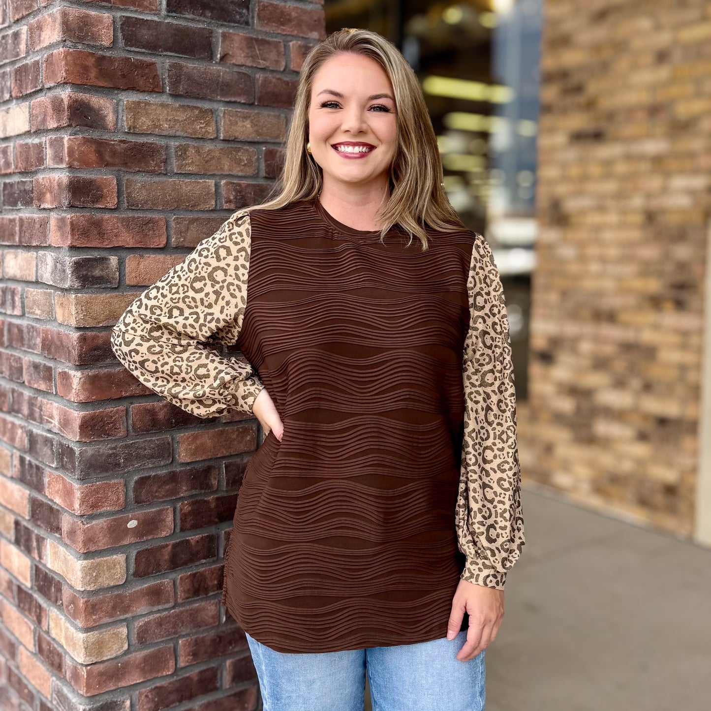 Holiday Leopard Accent Top: Brown