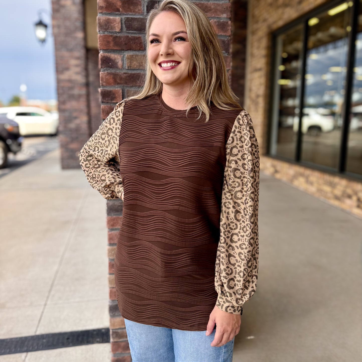 Holiday Leopard Accent Top: Brown