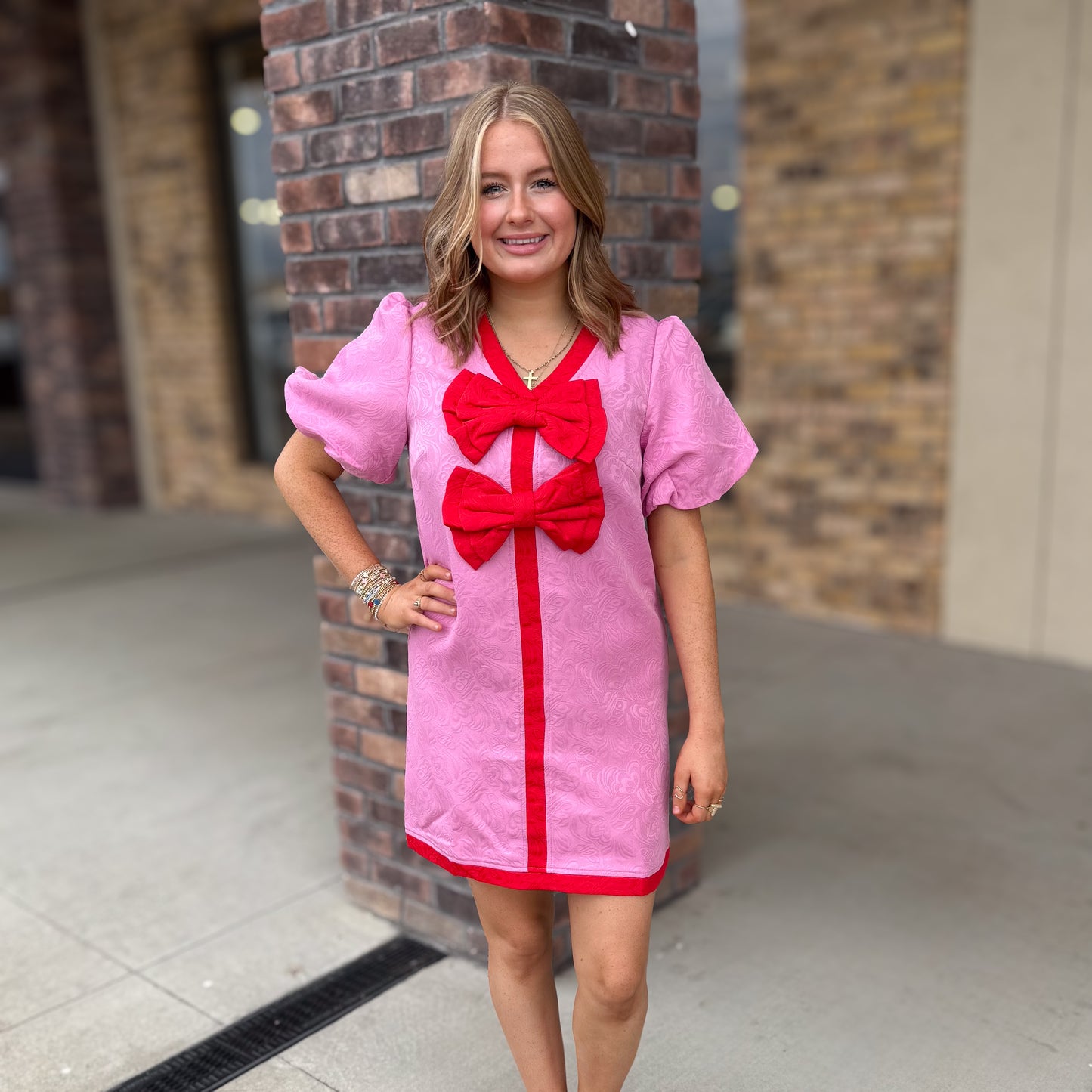 Front Bow Contrast Paisley Jacquard Dress