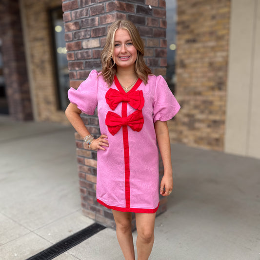 Front Bow Contrast Paisley Jacquard Dress