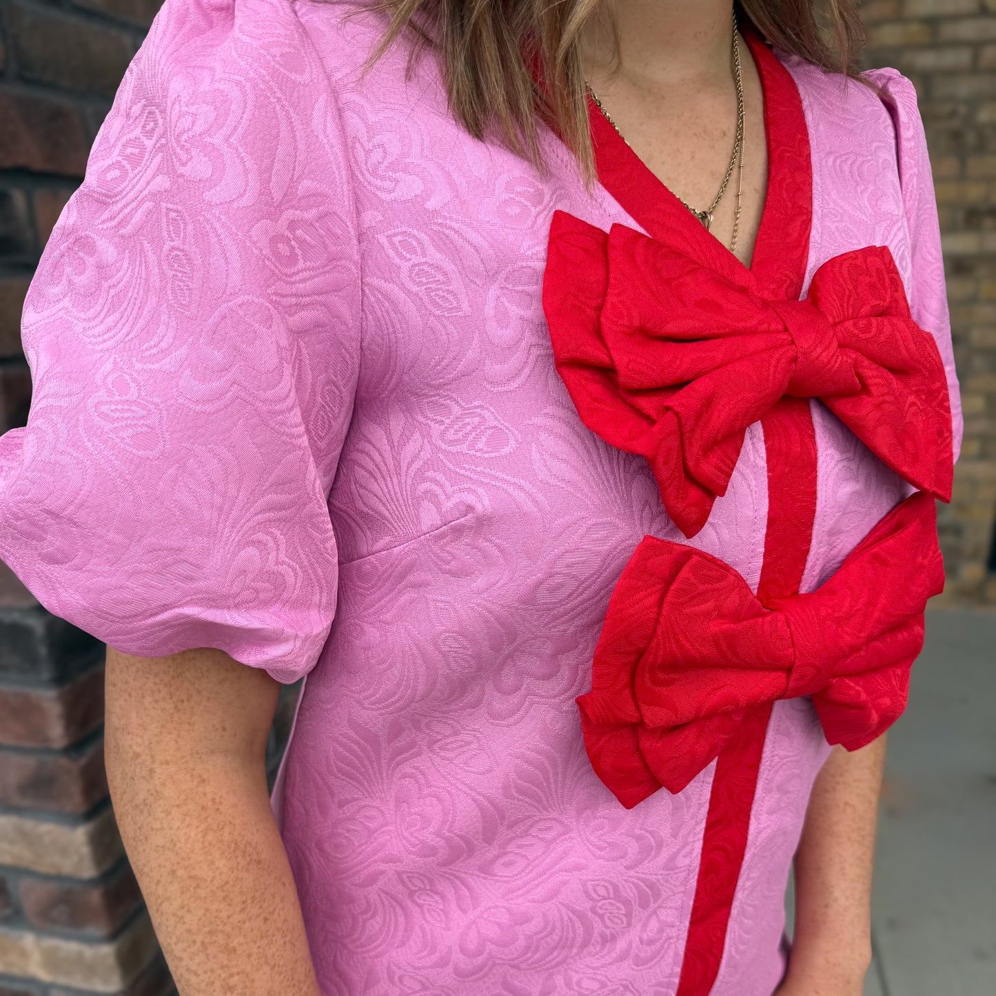 Front Bow Contrast Paisley Jacquard Dress