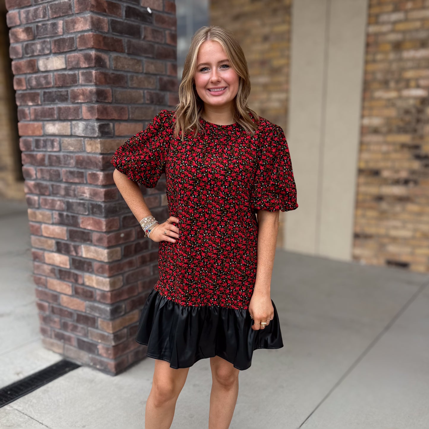 Floral Puff Sleeve Faux Leather Hem Dress