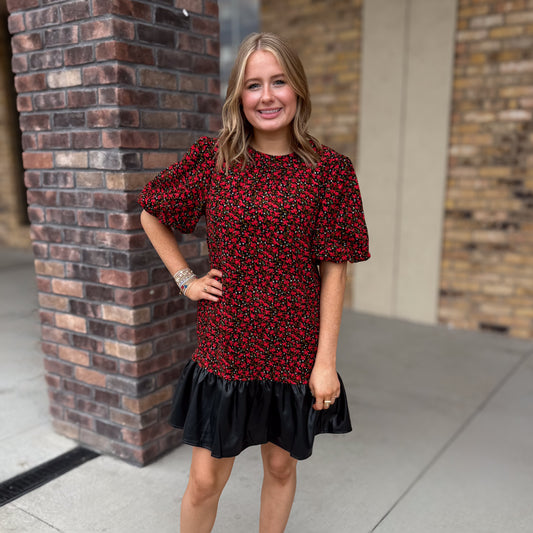 Floral Puff Sleeve Faux Leather Hem Dress