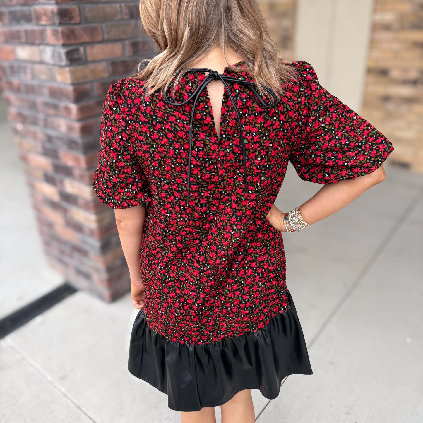 Floral Puff Sleeve Faux Leather Hem Dress