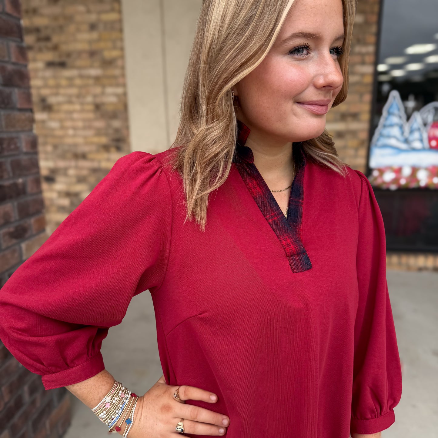 Umgee Christmas Plaid Detail Dress