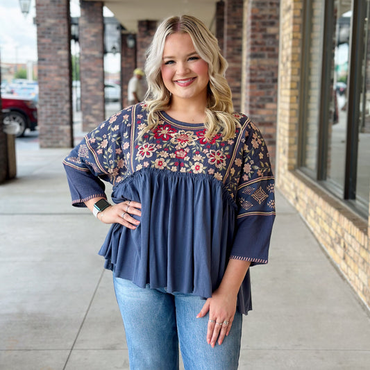 Denim Embroidery Blouse