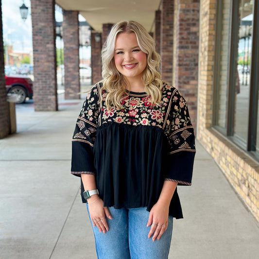 Gotta Keep Up Black Embroidery Blouse