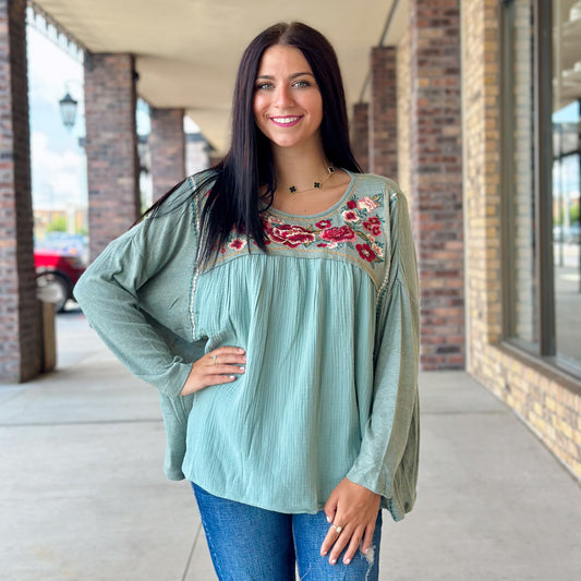 Sage for Days Embroidered Blouse