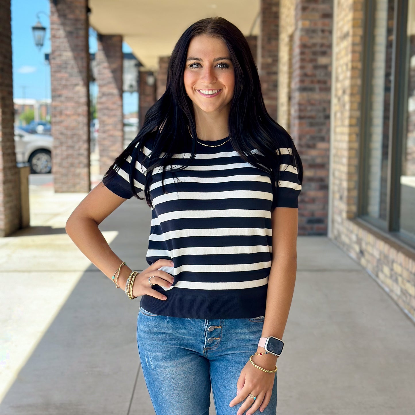 Navy and Tan Striped Short Sleeve