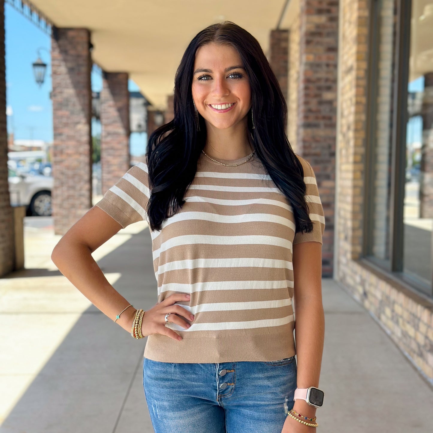 Navy and Tan Striped Short Sleeve