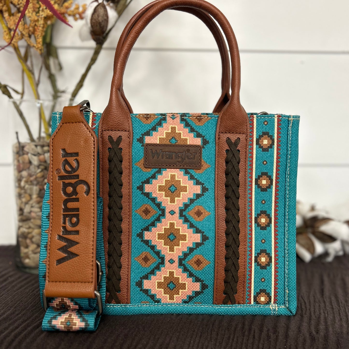 Wrangler Southwestern Pattern Print Canvas Wide Tote: Turquoise