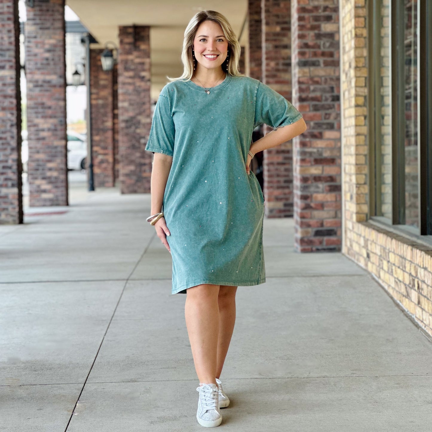 Girly Girl Rhinestone T-Shirt Dress Teal