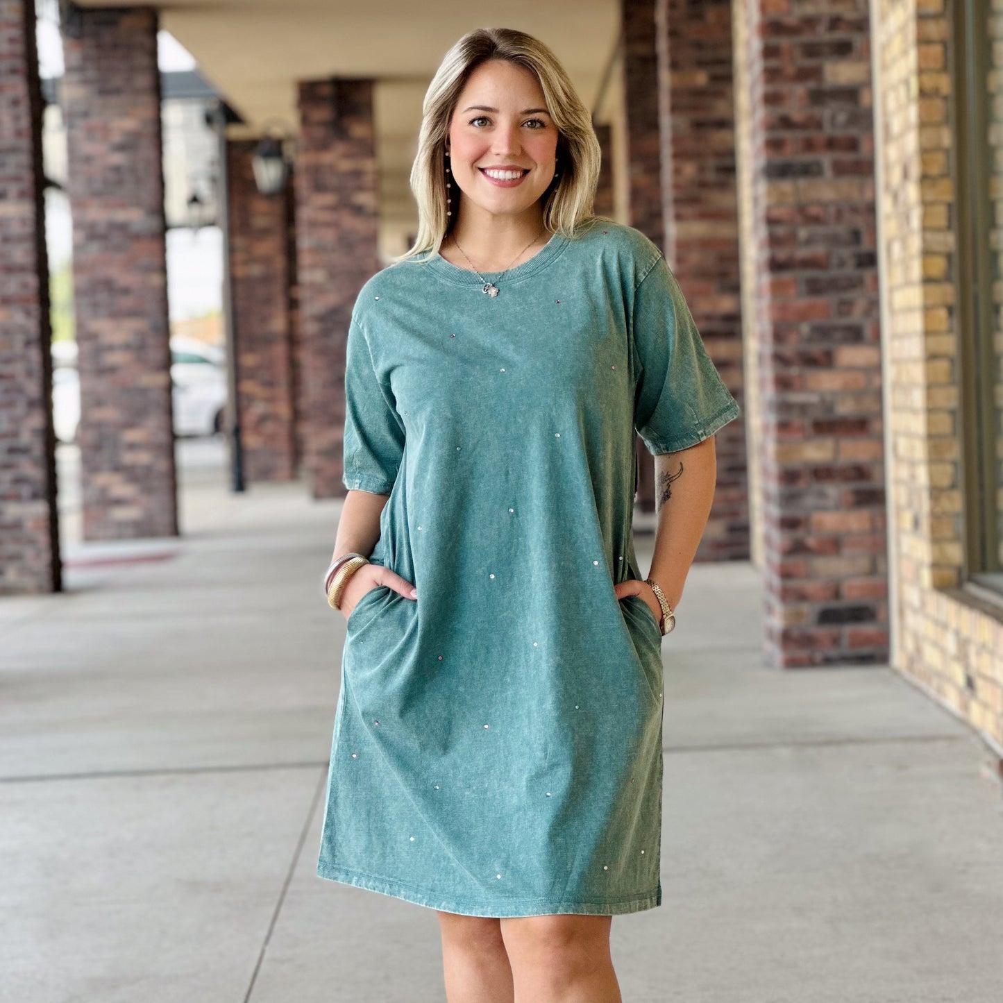 Girly Girl Rhinestone T-Shirt Dress Teal