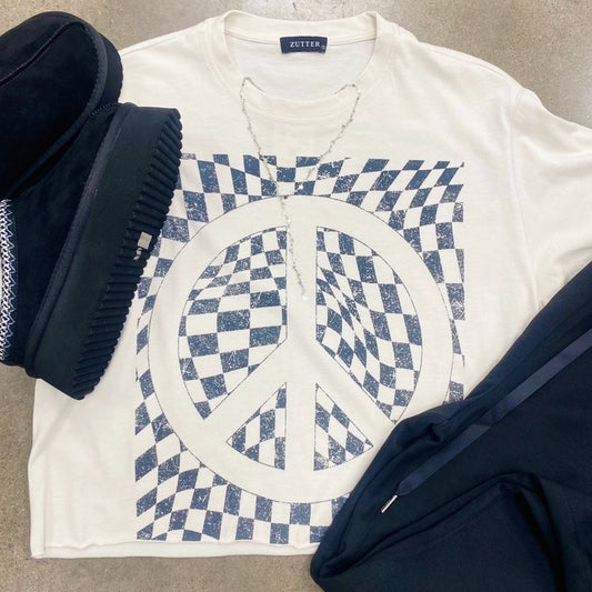 Checkered Peace Sign Cropped Tee