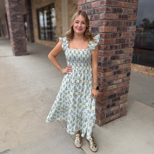 Spring Bliss Floral Midi Dress: Blue