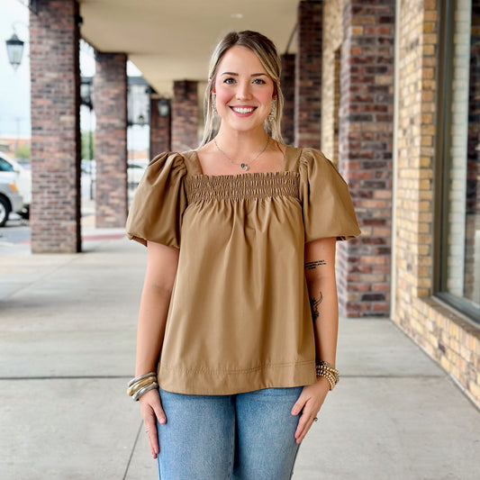 Taupe and Hunter Green Puff Sleeve Blouse