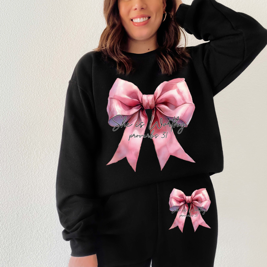 Pink She Is Worthy Bow Sweat Set