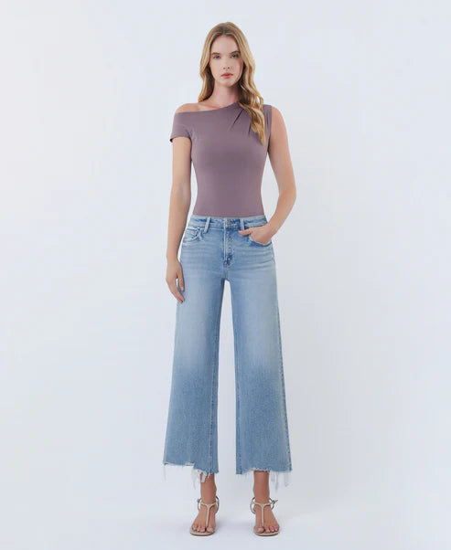 Imaginative - High Rise Distressed Hem Crop Wide Leg Jeans