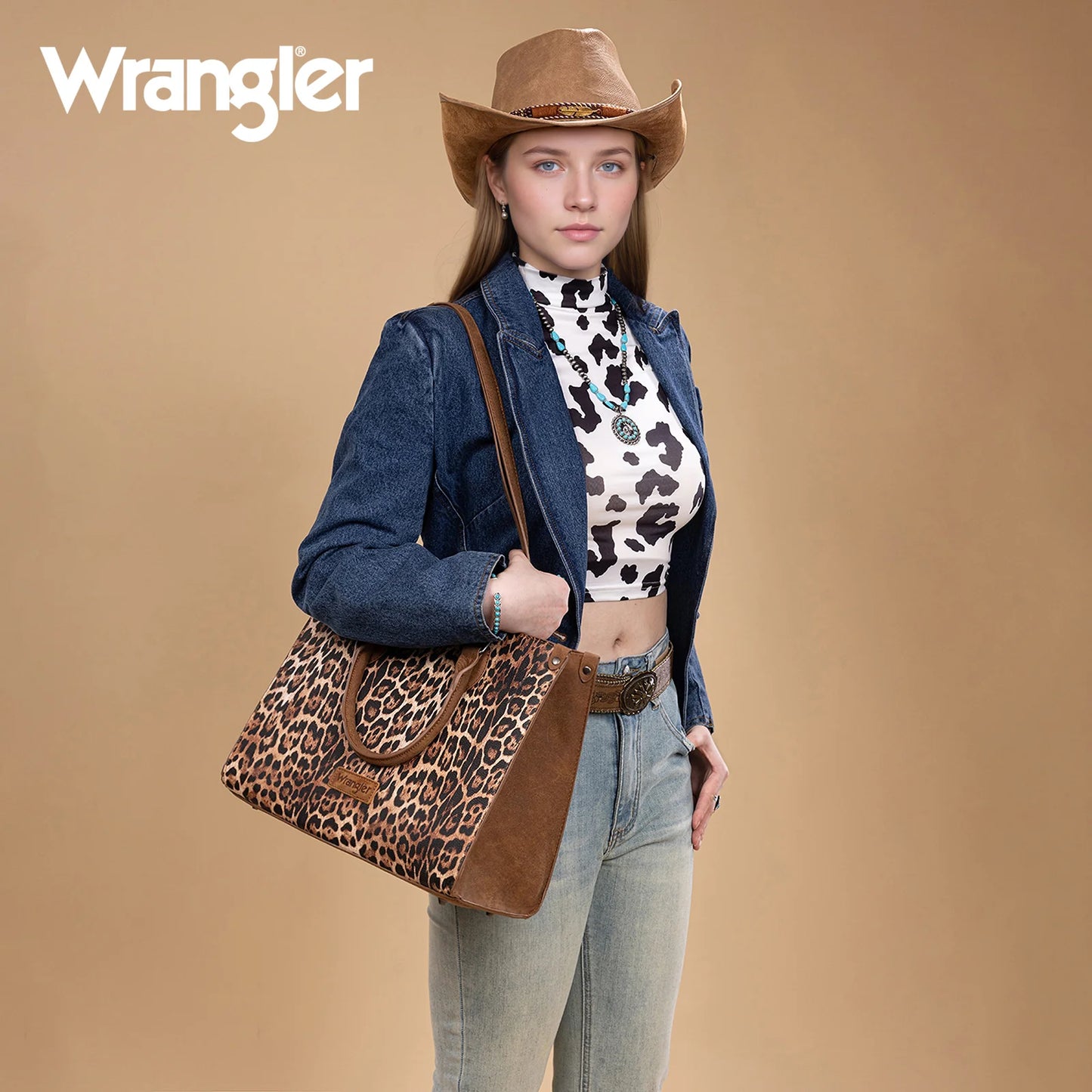 Wrangler Leopard Print Wide Tote Bag/Crossbody: Brown