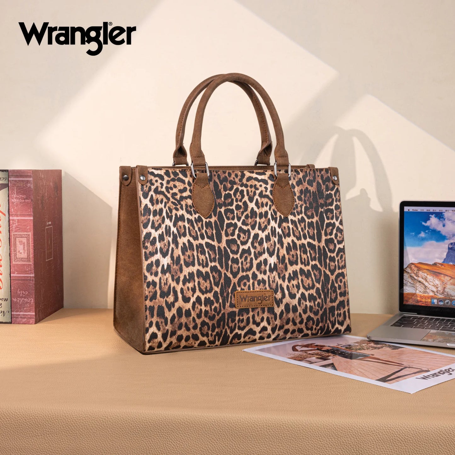 Wrangler Leopard Print Wide Tote Bag/Crossbody: Brown