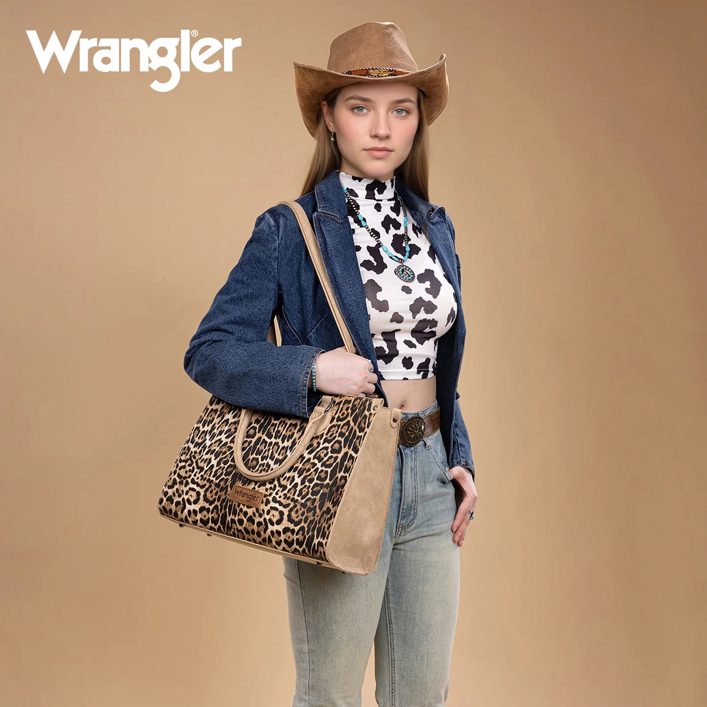 Wrangler Leopard Print Wide Tote Bag/Crossbody:Tan