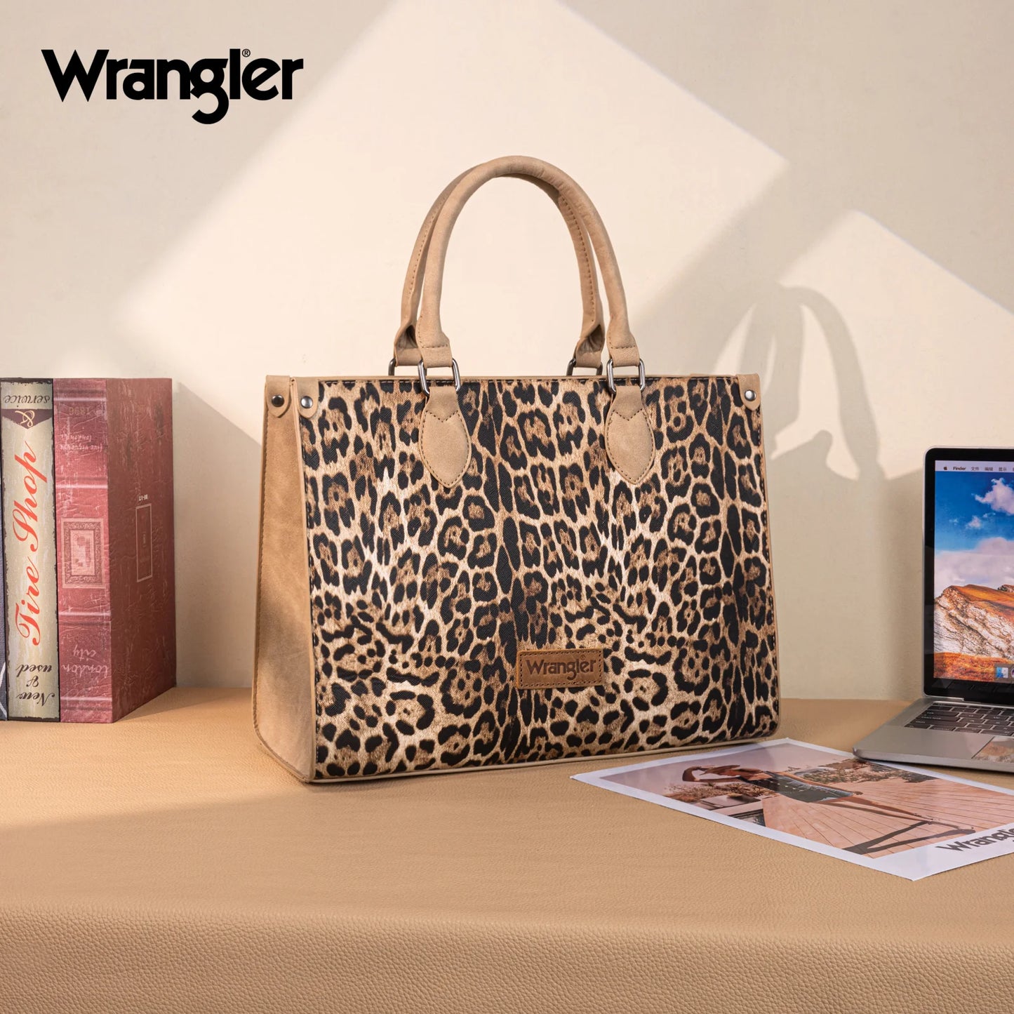 Wrangler Leopard Print Wide Tote Bag/Crossbody:Tan
