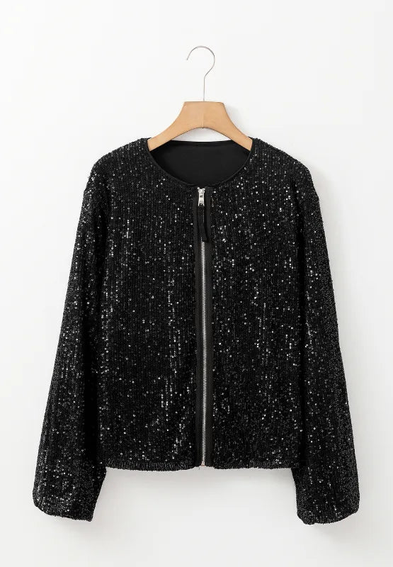 Sequin Zip Up Jacket-Black