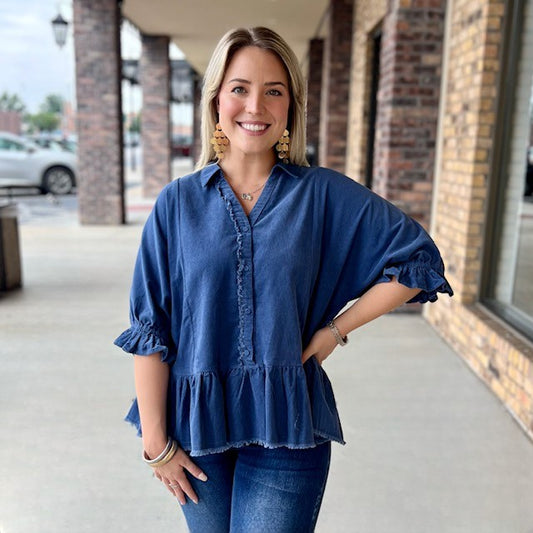 Umgee Too Cool Corduroy Blouse-Denim Blue