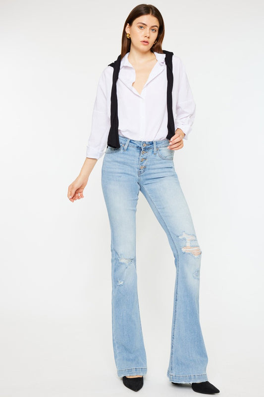 KanCan Mid Rise Button Up Distressed Flare