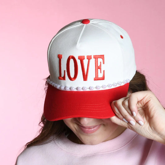 LULU MAC "LOVE" Trucker Hat with Pearl Hat Chain